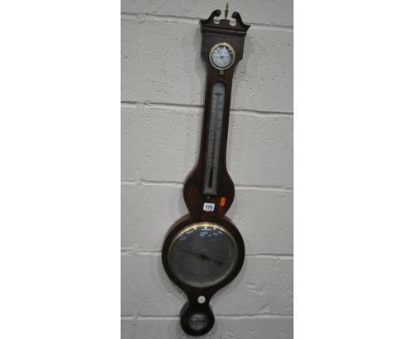 A 20TH CENTURY MAHOGANY BANJO BAROMETER, with twin swan neck pediment, flanking a brass finial, and silvered dials, signed P 