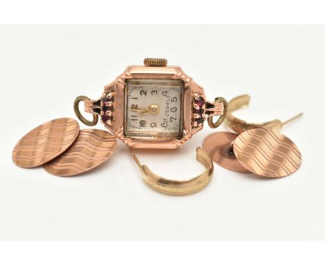 A PAIR OF 9CT GOLD CUFFLINKS, A WATCH HEAD AND A PAIR OF HALF HOOP EARRINGS, a pair of oval, engine turned pattern chain link