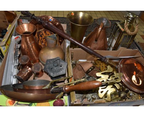 TWO BOXES AND LOOSE COPPER AND BRASSWARE, to include two large circular brass chargers, four copper saucepans, a gallon coppe