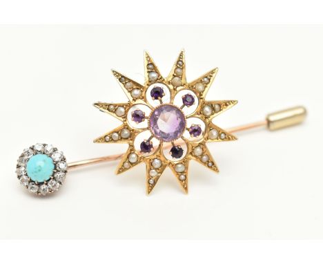 A VICTORIAN STAR BROOCH AND A STICK PIN, a yellow metal twelve pointed star set with a central circular cut amethyst, in a su