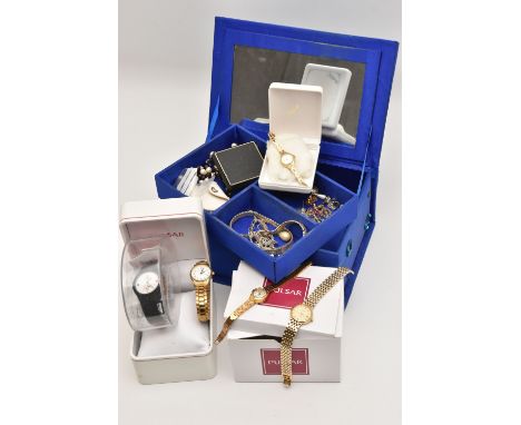 AN ASSORTMENT OF JEWELLERY AND WATCHES, to include a silver articulated necklace, approximate length 490mm, hallmarked silver