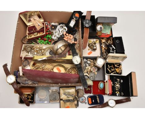 A BOX OF ASSORTED COSTUME JEWELLERY AND ITEMS, to include a white metal marcasite brooch stamped Silver, a pair of white meta