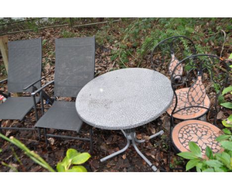 A COLLECTION OF GARDEN FURNITURE including a pair of folding metal and plastic mesh chairs, a pair of wrought iron and tiled 