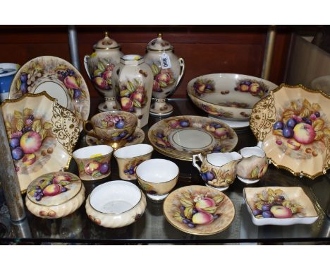A COLLECTION OF AYNSLEY 'ORCHARD GOLD' ITEMS comprising a pedestal bowl (clear signs of repair, sold a/f), two handled bonbon