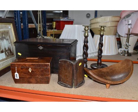 A GROUP OF VINTAGE ITEMS to include a wooden tea caddy with a bone inlay escutcheon, height 13cm x length 21.5cm, a large woo