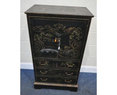 A BLACK LACQUERED DRINKS CABINET, fitted with double cupboard doors, over three drawers, with various chinoiserie decorative 