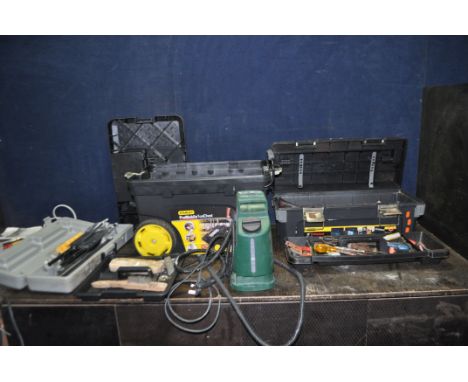 TWO STANLEY TOOLBOXES CONTAINING DECORATING HAND TOOLS including a Bosch wallpaper steamer (no wall pad), a floor tile cutter