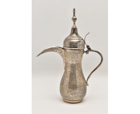 AN EGYPTIAN SILVER BALUSTER COFFEE POT, circa possibly 1980's, .900 Egyptian control marks, domed cover and  scroll handle, w
