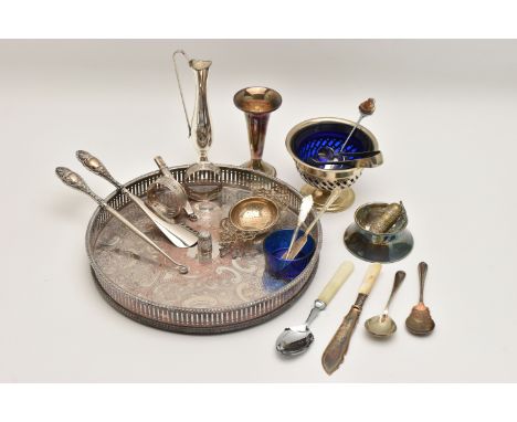 A BOX OF ASSORTED SILVER AND WHITE METAL ITEMS, to include two foliate pattern napkin rings both hallmarked Chester, a silver