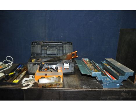 TWO TOOLBOXES CONTAINING TOOLS including a Stanley No.90J bullnose plane, two Stanley RB10 planes, a boxed Stanley 803 Hand d