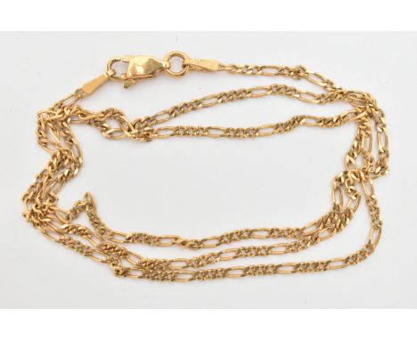 A YELLOW METAL FIGARO CHAIN, fitted with a lobster clasp, stamped 750, length 460mm, approximate gross weight 4.7 grams (cond