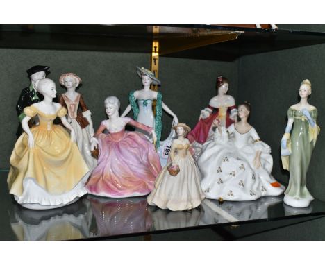 EIGHT COALPORT AND ROYAL DOULTON FIGURINES, comprising Royal Doulton: My Love HN2339, Lorna HN2311 and Southern Belle HN2229,