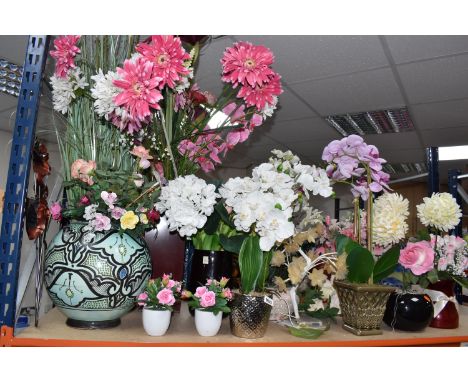 A SELECTION OF ARTIFICIAL FLOWERS, PLANTERS AND VASES ETC, to include a modern Moroccan spherical shaped planter approximate 