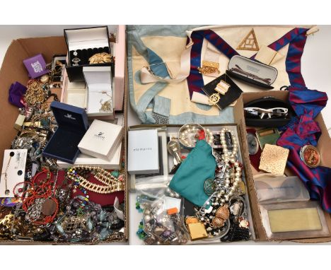 A BOX OF ASSORTED COSTUME JEWELLERY AND ITEMS, to include a gold tone 'Monet' floral brooch, chains, brooches, earrings, ring