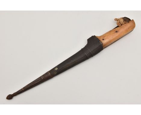 AN INDIAN PESH-KABZ DAGGER WITH SCABBARD AND BONE HANDLE, length including handle 32cm, blade length 22cm (condition report: 