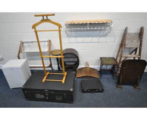 A LARGE SELECTION OF OCCASIONAL FURNITURE, to include a traveling trunk, a linen backet, a tapestry screen, a valet stand, a 