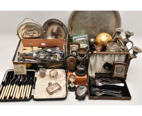 A BOX OF ASSORTED SILVER AND WHITE METAL WARE, to include a silver 1 1/2 oz hip flask, screw down domed cover, personal engra