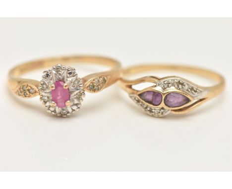 TWO 9CT GOLD GEM SET RINGS, the first an oval cut ruby with a surround of single cut diamonds, yellow gold shank, hallmarked 