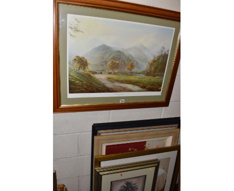 SEVEN FRAMED DECORATIVE PRINTS, comprising a Rex Preston signed limited edition print 'The Stepping Stones, Dovedale', approx