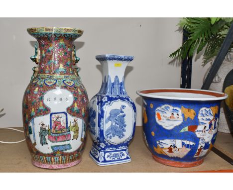 TWO CHINESE VASES AND A PLANTER to include a  modern pink decorative vase in a rose medallion pattern with courtly scenes, tw