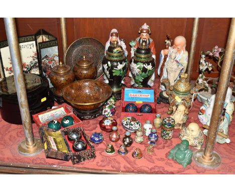 CHINESE ITEMS to include a pair of black cloisonne and brass urn vases with floral motifs on wooden stands, height 25cm, a pa