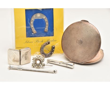AN ASSORTMENT OF SILVER AND WHITE METAL, to include a silver compact, a silver snuff box, a silver needle case, and a silver 