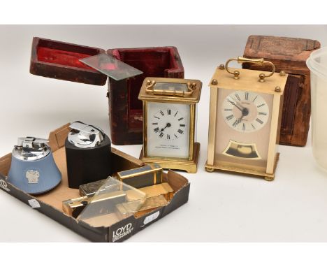 A BOX OF ASSORTED ITEMS, to include an AF 'Mappin &amp; Webb' brass carriage clock, with case, an empty carriage clock case, 