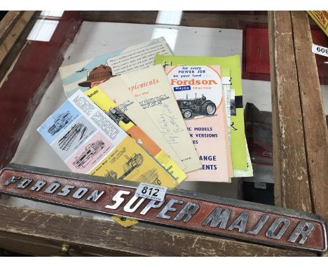 A quantity of Fordson Super Major sales brochures etc and a tractor name plate.