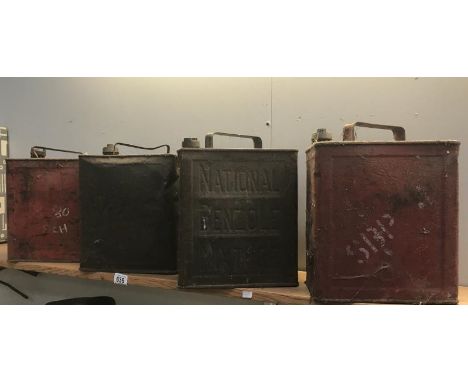 Pratts, BP, National Benzole mixture and 1 other petrol cans.