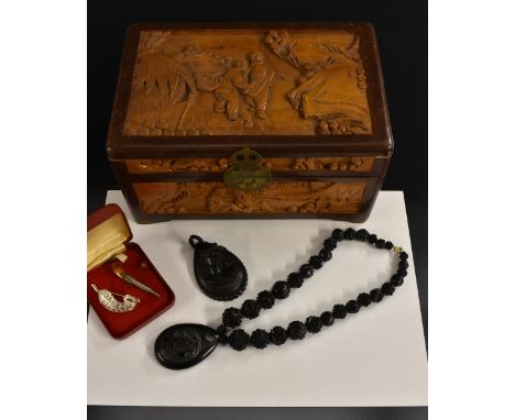 Jewellery  - a carved graduated jet bead pendant necklace, floral pendant;   another similar Neoclassical portrait; a silver 