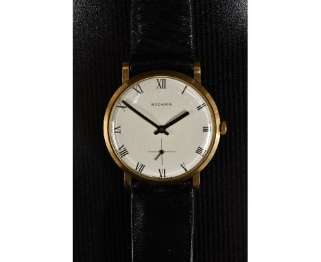 Rodania -  gentleman's 9ct gold dress wristwatch, white dial, Roman numerals, cross hair target subsidiary seconds, black han