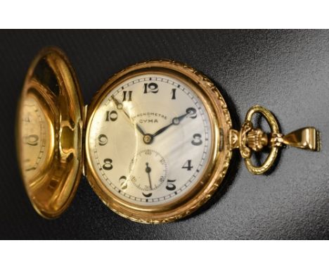 Cyma - a 14ct gold slim line full Hunter chronometre pocket watch, all over cubist engine turned decoration, button wind 15 j