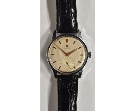 Omega - a retro 1950's wristwatch, brushed silvered dial, raised Rose gold block batons, minute track, subsidiary seconds, ro