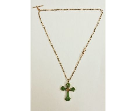 A 9ct gold Albert chain and jade cross pendant necklace, gilt metal mounted carved black spotted green jade cross, 41mm x 31m