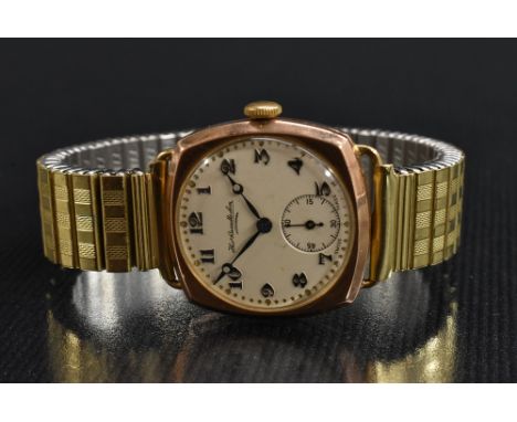 Thomas Russell &amp; Sons - a vintage 1940s 9ct gold cased wristwatch, textured cream dial, raised blued Arabic Numerals, bea