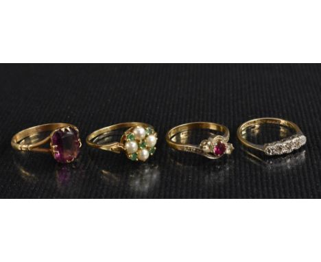 Rings - a seed pearl and green tourmaline floral cluster ring, four mabe pearls and five round cut green tourmaline's, basket