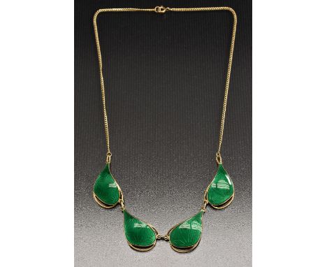 A mid 20th century silver enamel necklace, gold wash, emerald green enamel teardrop, Ivor Holt, Norway