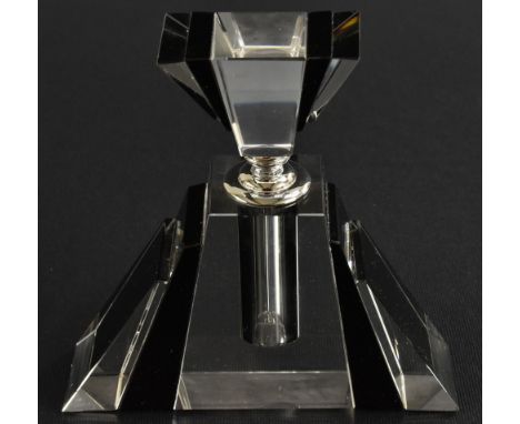 A large Art Deco style perfume bottle of angular form, clear and black glass, stopper with dip stick, approx 19cm in height, 