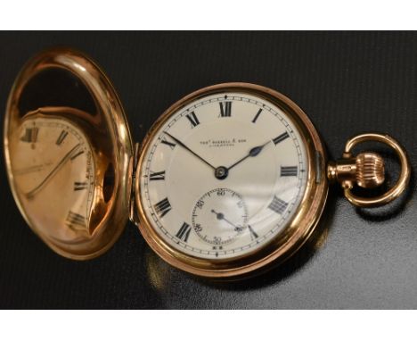 Thomas Russell &amp; Sons - a George V 9ct gold hunter cased pocket watch, white enamel dial, bold Roman numerals, minute tra