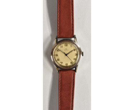 Omega - a vintage 1940's wristwatch, silvered dial, Arabic Numerals, minute track, centre seconds, luminous blued hands, 17 j