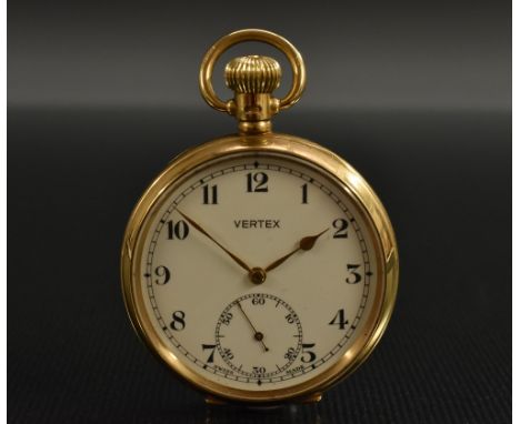 Vertex - a 9ct gold open face pocket watch, white enamel dial, Arabic numerals, minute track, subsidiary seconds, spade hands