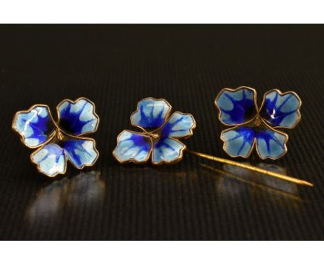 A mid 20th century silver and enamel earrings as vibrant blue pansies, David Andersen, Norway; a conforming pansy lapel pin 