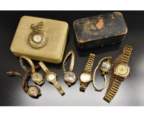 Watches - a vintage lady's 14ct rose gold cased bracelet watch, ornate floral front, Arabic numerals, manual movement;  other