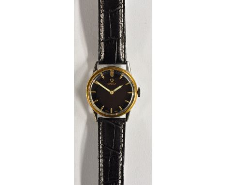 Omega - a 1950's wristwatch, gloss black dial, gilt block baton markers, minute track, luminous hands, manual 268 cal 15 jewe