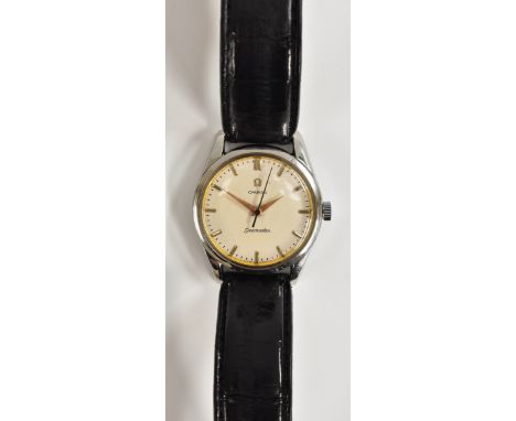 Omega - a retro 1950's Seamaster wristwatch, textured cream dial, raised baton markers, minute track, centre seconds, gilt ha