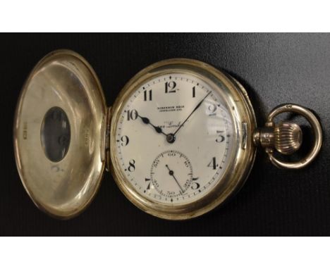 A George V silver cased half hunter ~The London pocketwatch, retailed Robinson Bros Jewellers Ltd, white enamel dial, Arabic 