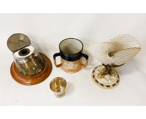 HORSE HOOF INKWELL ROYAL DOULTON FREE HANDLED MUG, SILVER KIDDUSH CUP &amp; ANOTHER ITEM