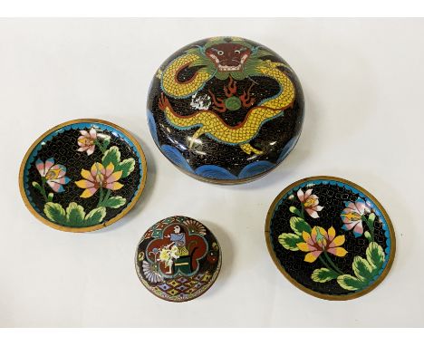 CLOISONNE LIDDED POT &amp; ANOTHER SMALLER ONE WITH PAIR OF CLOISONNE SAUCERS