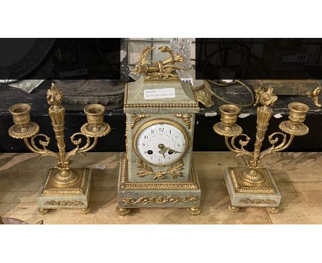 BRONZE &amp; GREEN MARBLE CLOCK WITH GARNITURE 
