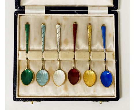 SIX HM DANISH SILVER ENAMELLED SPOONS - BOXED - 1 OZ APPROX (ONE SPOON HAS ENAMEL LOSS)